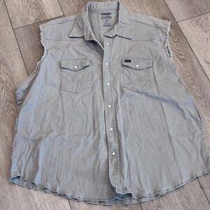 Wrangler Sleeveless Western Shirt Mens 3X Gray‎ Pearl Snap Distressed Work Wear